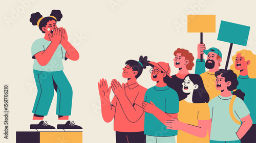 young girl activist speaking passionately to a supportive crowd at a rally, vector illustration for youth activism, leading the future and social justice movements