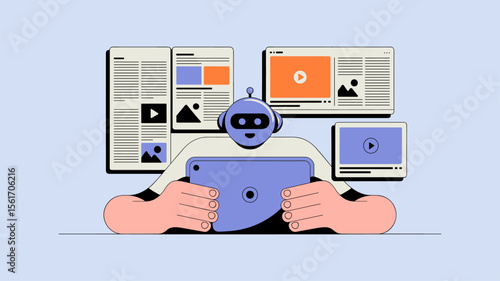 robot holding a tablet curating online news and video, vector illustration for personalized content bot, ai-powered news aggregation and automated media filtering