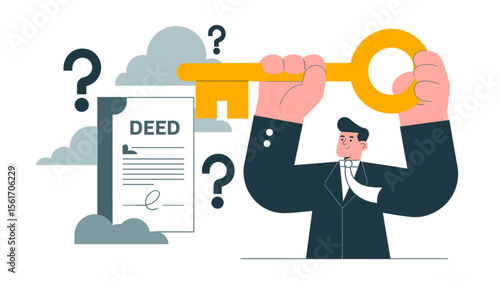 businessman holding a key to a property deed with question marks, vector illustration for quiet title action, clearing ownership cloud and resolving legal disputes