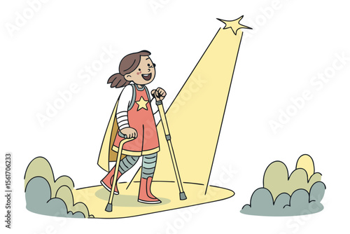 Starry Path: A spirited young girl, a symbol of courage, strides confidently towards a shining star, embodying resilience and inner strength.