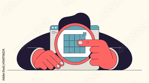 designer's hands using a magnifying glass to inspect a pixel grid on a screen, vector illustration for pixel perfection, attention to detail and quality assurance in design