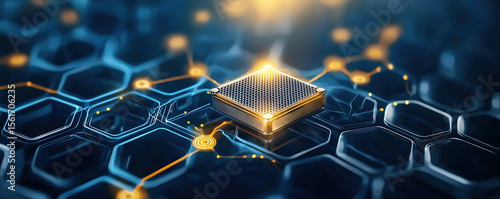 Compact graphene based rechargeable battery sits on futuristic circuit board, glowing with energy. hexagonal patterns and digital connections highlight advanced technology