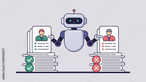 robot sorting candidate resumes with check and cross marks, vector illustration for ai recruitment bot, automated candidate screening and human resources technology