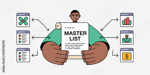 data manager holding a master list connected to information sources, vector illustration for reference data management, data governance and single source of truth