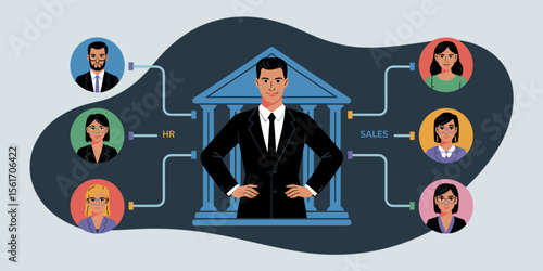 general counsel in front of a bank connecting with business departments, vector illustration for in-house legal role, corporate governance and organizational structure