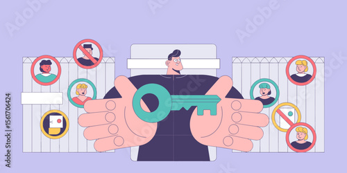 administrator holding key to manage user profiles, vector illustration for secure data access, governance gates and user permission control
