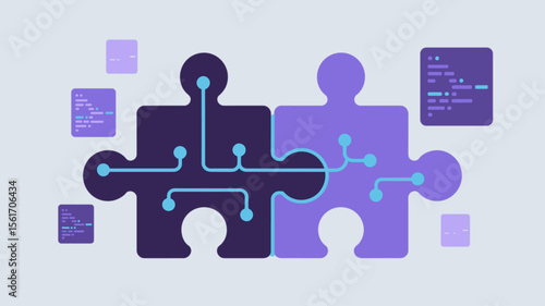 connecting puzzle pieces with circuit lines, vector illustration for seamless api connection, software integration and system compatibility