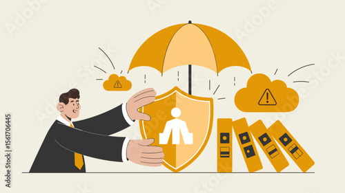 businessman protecting business assets with shield and umbrella, vector illustration for risk management, contingency planning and crisis prevention