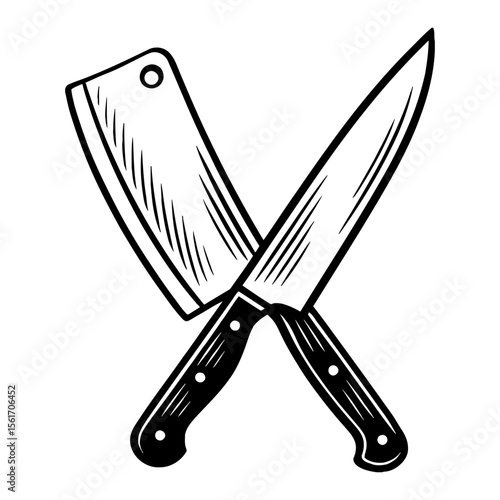Crossed Chef Knife and Butcher Cleaver Blades Utensils in Vintage Black and White Outline Line Art Drawing