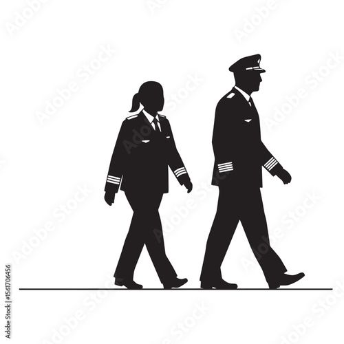 Silhouette of two airline pilots walking together in uniform on a simple white background