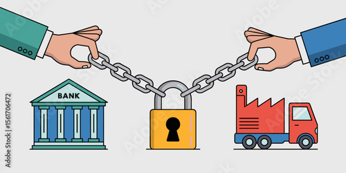 business hands locking a chain between a bank and factory assets, vector illustration for secured transactions, collateral and asset-based lending