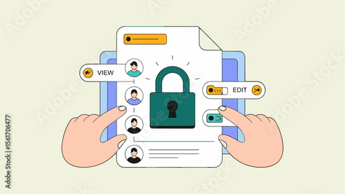 user managing access permissions on a secure digital document, vector illustration for secure document sharing, data privacy and user access control