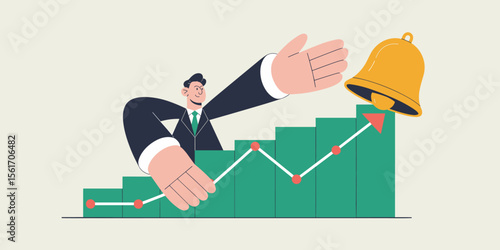 businessman ringing a bell on a rising stock chart, vector illustration for an initial public offering , securities law and business growth
