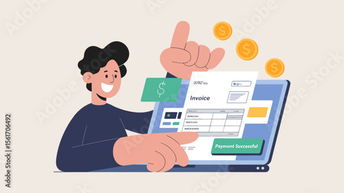happy user receiving successful online payment for an invoice on a laptop, vector illustration for digital invoicing, online payment and freelance finance