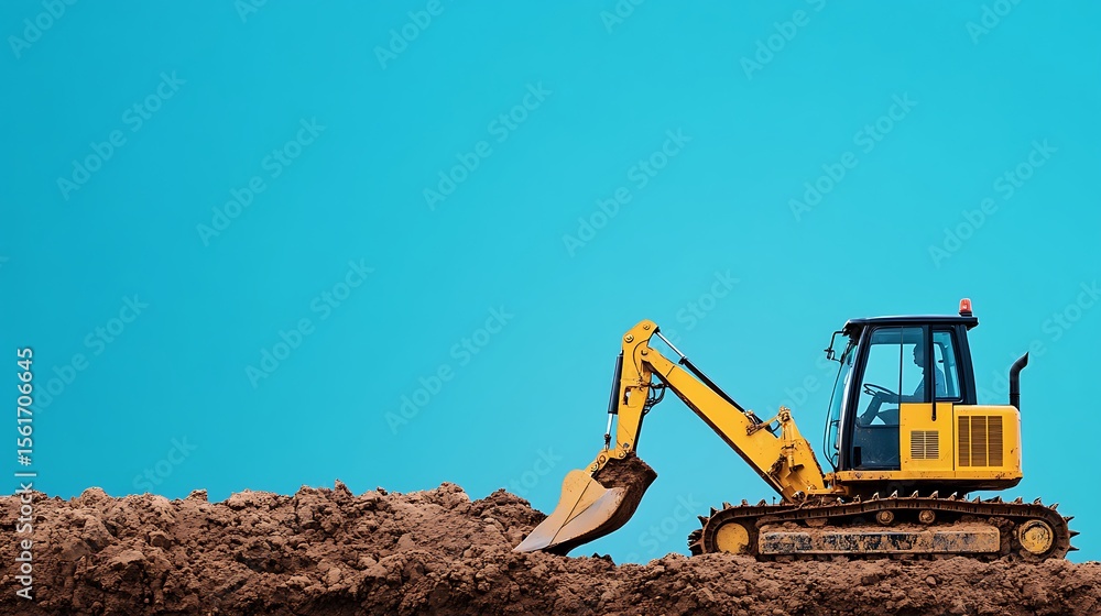 Powerful Mini Loader Working on Trench in Suburban Zone with Cyan Background and Left-Side Blank Background Section for Copy Powerful Mini Loader Working on Trench in Suburban Zone with Cyan Background and Left-Side Blank Background Section for Copy