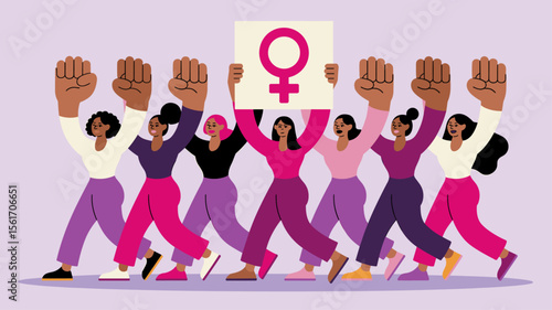 group of women marching with raised fists and female symbol, vector illustration for women's march, gender equality and feminist empowerment