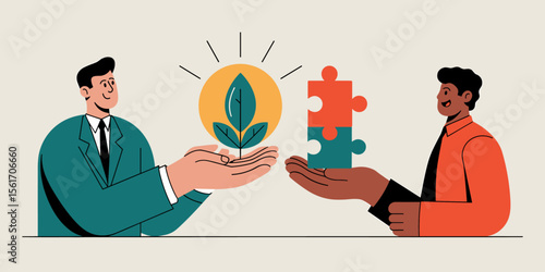 businessmen exchanging a plant and puzzle pieces, vector illustration for venture capital, esg investment and strategic partnerships