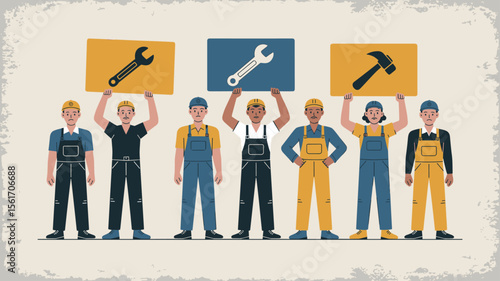 diverse group of workers holding tool signs, vector illustration for worker's rights, labor strike and skilled trades solidarity