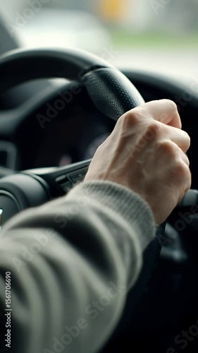 Close Up Hands Gripping Black Leather Steering Wheel in Car Interior