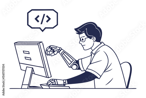 Wallpaper Mural Digital Artisan: A futuristic artist with a robotic limb intently crafts a digital world through code, visualizing innovation. Torontodigital.ca