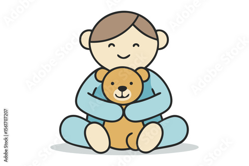 Baby with Teddy Bear: A cute cartoon illustration of a happy baby lovingly hugging a teddy bear.