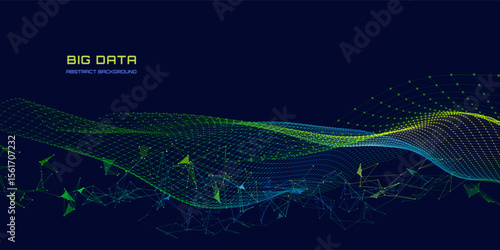 Abstract technology background with wavy color grid in dark. Analytics data algorithms. Big Data Computing concept.  Banner for business, science and technology.