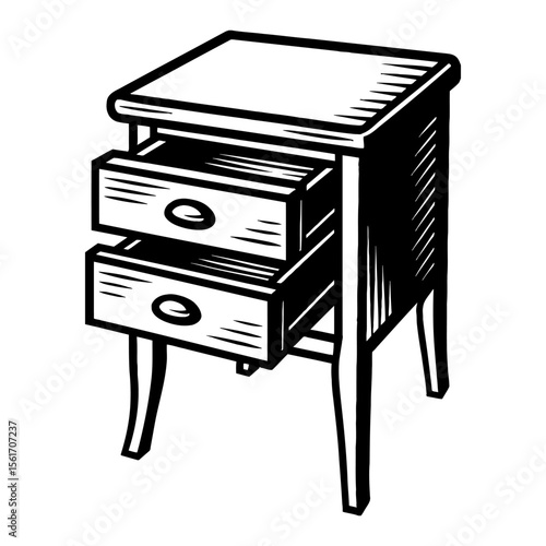 Bedside Table Nightstand Furniture Black and White Outline Line Art Drawing