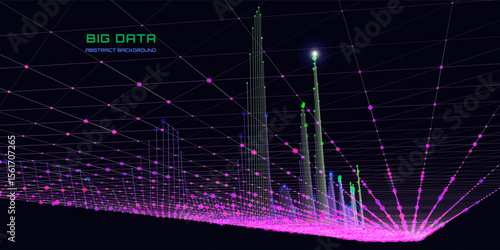 Abstract analytical background with grid connecting circles chart analyze  in dark cyberspace. Quantum cryptography concept.  Banner for business, science and technology. Data chart. Big data.