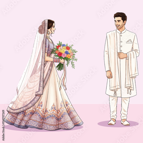 Elegant Indian Wedding Couple Illustration Bride with Bouquet and Groom in Ivory Sherwani