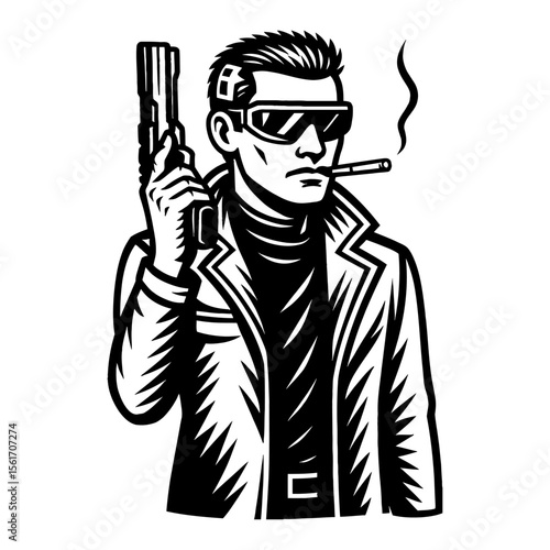 Man Holding Gun and Smoking Wearing Jacket Sunglasses Black and White Outline Line Art Drawing