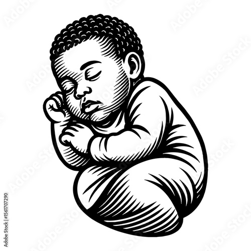 Sleeping Baby Curled Up Black and White Outline Line Art Drawing Design