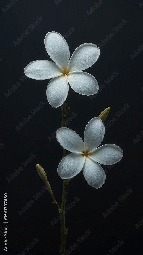 Fototapeta premium Elegant White Frangipani Flowers on Dark Background – Minimalist Floral Art and Nature Photography