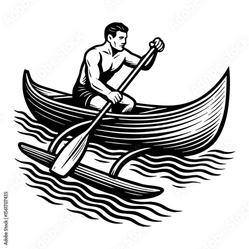 Strong Male Paddler in Canoe Rowing on Water Surface Black and White Outline Line Art Drawing Vintage Style