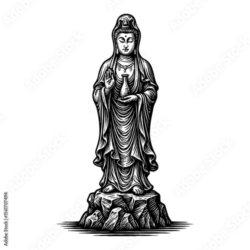 Ancient Standing Bodhisattva Guanyin Statue Black and White Outline Line Art Drawing on Rock Base Classic Engraving Style