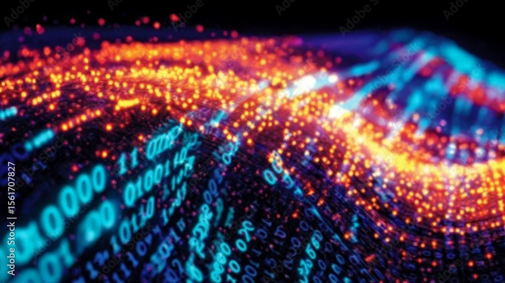 Fototapeta premium Abstract glowing wave of digital particles with flowing orange and blue lights representing futuristic data transmission and quantum computing concepts in soft curved high-tech design