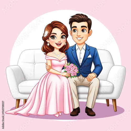 Cute Cartoon Couple Sitting on Sofa in Wedding Outfit Romantic Illustration