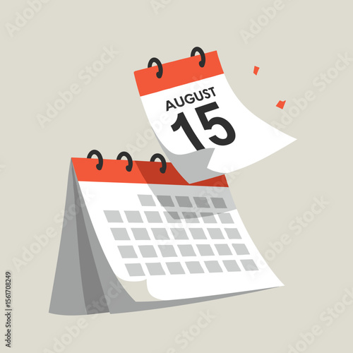 Calendar page turning to August 15 in modern flat design  