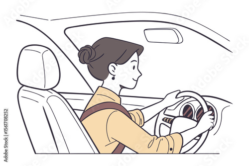 Driving with Focus and Safety: A woman confidently steers a car, emphasizing safe driving habits and the importance of alertness and focus on the road.