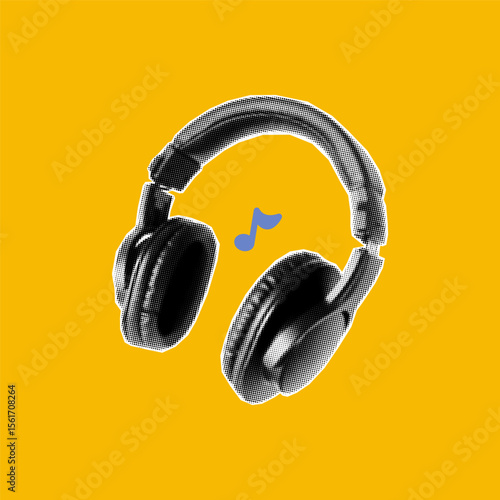 Creative yellow background for podcast banners and digital streaming. Studio recording illustration in halftone collage style, perfect for blogs or promos, headphones.