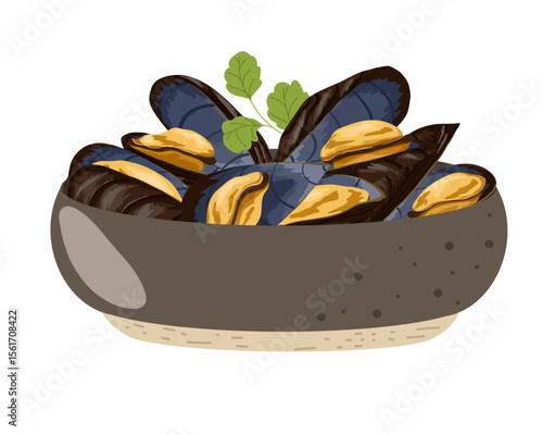 Cooked mussels in shell served in dark bowl with garnish. Vector seafood dish illustration. Great for restaurant menus, gourmet branding, packaging and food delivery visuals