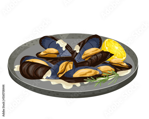 Mussels in garlic butter sauce served with lemon wedge. Hand drawn vector illustration of a traditional seafood dish. Perfect for recipe cards, food packaging and restaurant menu