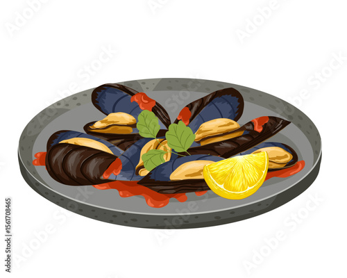 Bright mussels in tomato sauce with lemon and herbs. Vector food illustration in top view. Great for food blogs, kitchen prints, stickers, editorial use and restaurant promo