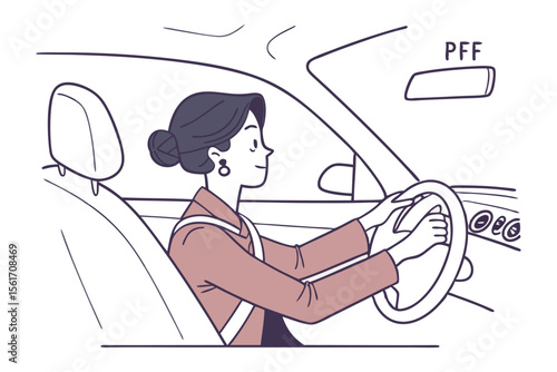 Woman Driving Illustration: An illustration captures a woman confidently steering a car, highlighting the everyday activity of driving and the responsibility of road safety.