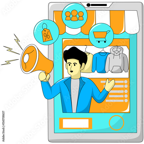 Live streaming host illustration, a man is promoting his online business