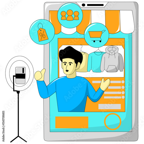 Live streaming host illustration, a man is promoting his online business