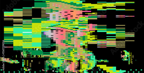 Futuristic glitch-art vector using popular digital abstract style. Neon bright pixel blocks, rectangles, and fractured lines create a dynamic, pixelated, and edgy visual effect.