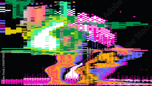 Futuristic glitch-art vector using popular digital abstract style. Neon bright pixel blocks, rectangles, and fractured lines create a dynamic, pixelated, and edgy visual effect.