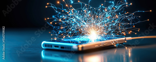 Smartphone rapidly charging with burst of blue energy sparks, symbolizing high tech innovation and power. dynamic scene conveys excitement and futuristic technology
