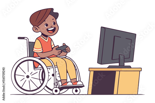 Gaming Adventure: A spirited child, seated in a wheelchair, fully immersed in a world of gaming, demonstrating focus and joy while mastering digital challenges. 