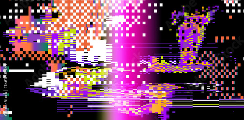 Futuristic glitch-art vector using popular digital abstract style. Neon bright pixel blocks, rectangles, and fractured lines create a dynamic, pixelated, and edgy visual effect.